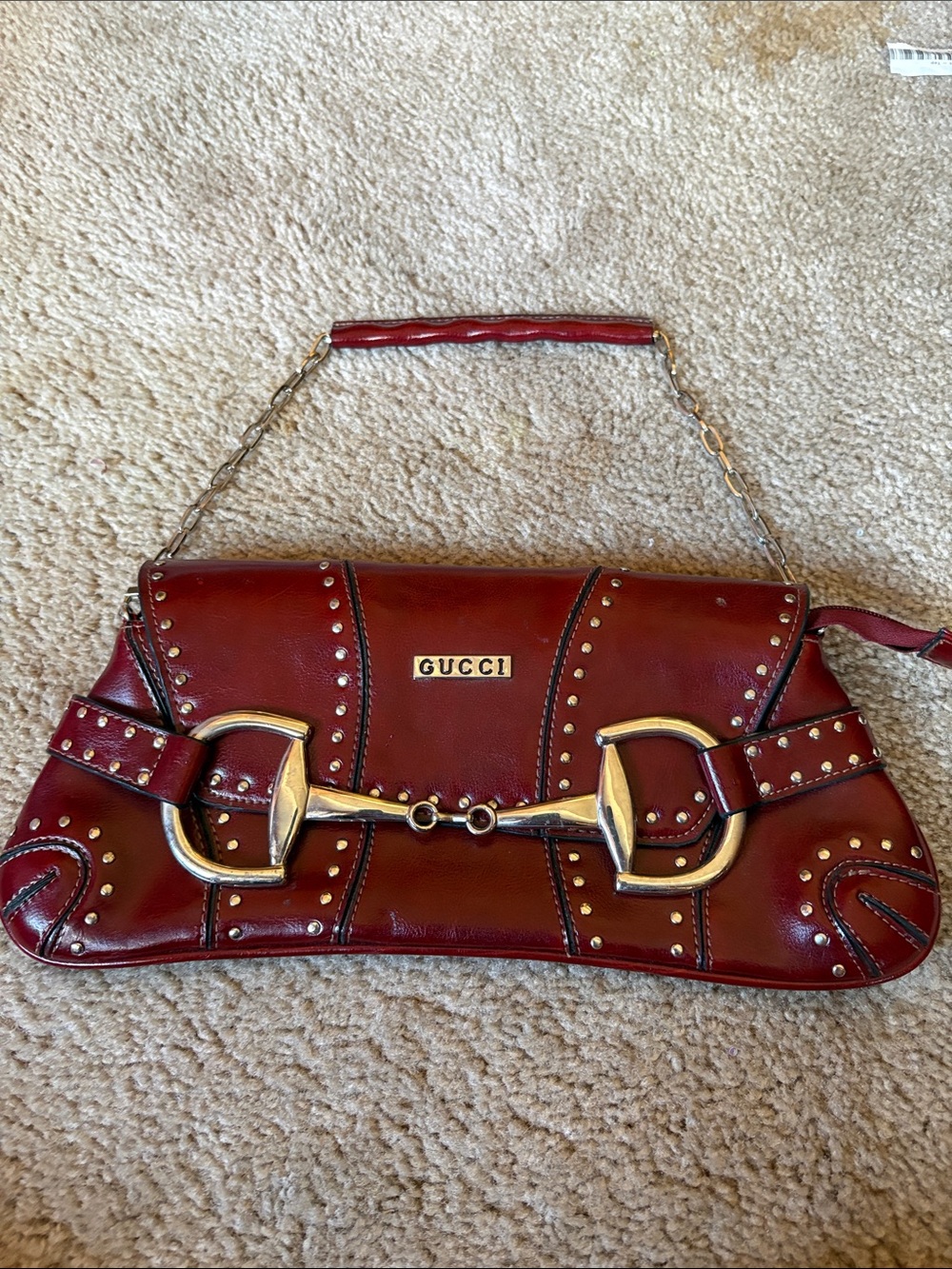 Gucci Red Leather Studded Shoulder Bag with Gold Hardware